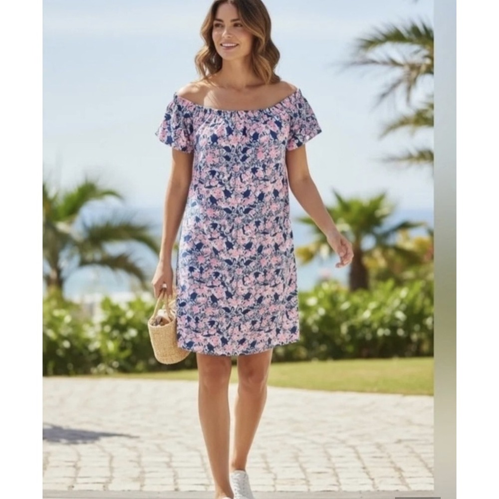Vineyard Vines Linen Blend Off Shoulder Shift Dress XS‎ Pink Blue Floral Beach